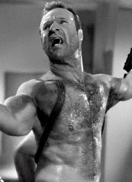 Prompt: film still of Robin Williams as John McClane in Die Hard, 4k