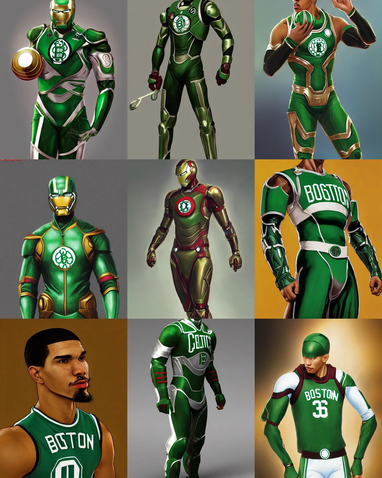 Prompt: Boston Celtics Ironman Suit, Jayson Tatum, Jayson Tatum, green and white, digital art, trending on artstation oil on canvas by J. C. Leyendecker and Edmund Blair Leighton and Charlie Bowater octane render