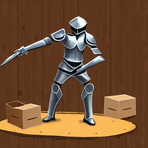 Prompt: cardboard boxman with cardboard armor, wielding a sword inside a kitchen