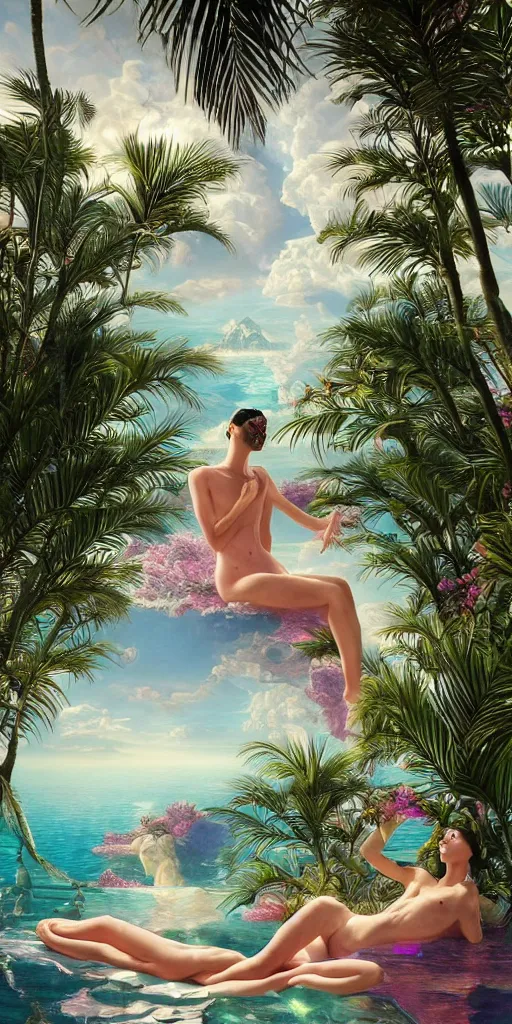 Image similar to masterpiece, hyperrealistic surrealism, award winning masterpiece with incredible details, epic stunning, infinity pool, a surreal vaporwave liminal space, highly detailed, trending on ArtStation, calming, meditative, pink arches, flowing silk sheets, palm trees, very vaporwave, very very surreal, sharp details, dreamscape, artgerm and greg rutkowski and alphonse mucha, daily deviation,