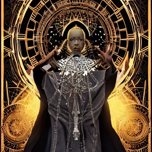 Image similar to symmetry!! an african moor wearing white robes and turban entering the voidspace. ornate, golden, steampunk stargate. front game card. marvel comics. dark. intricate. highly detailed. smooth. artstation. digital illustration by ruan jia, mandy jurgens, artgerm, wayne barlowe, greg rutkowski, and zdislaw beksinsk.