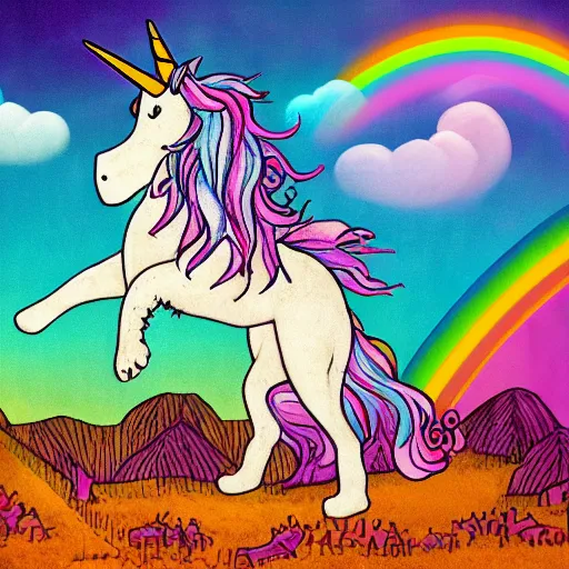 Image similar to old english sheet dog with a unicorn horn and wings flying in the sky with rainbows synthwave