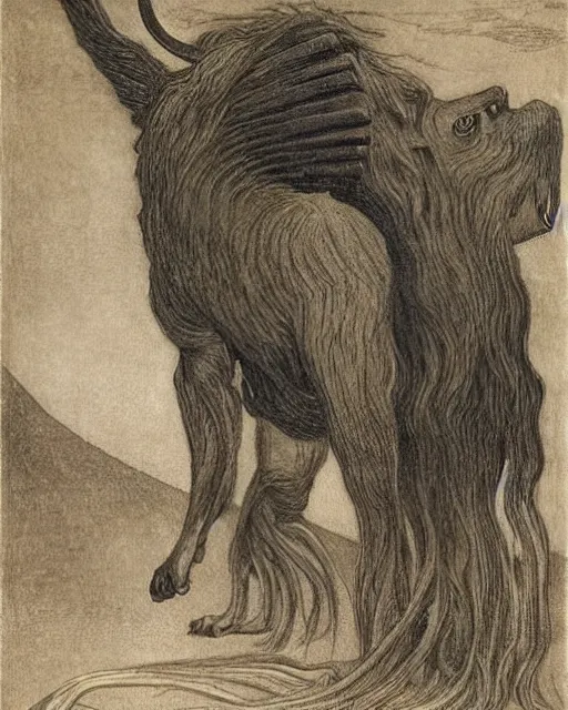 Prompt: a creature with the body and eyes of a man, with the beak of an eagle, the mane of a lion, and the horns of an ox drawn by jean delville