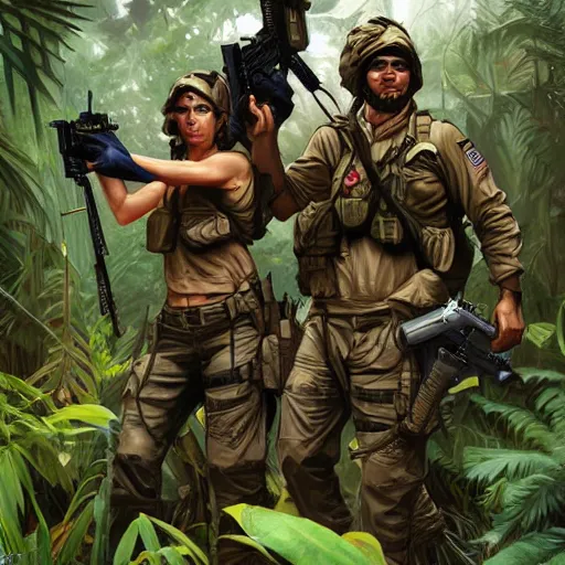 Image similar to american commandos patrolling south american jungle, in the style of artgerm and greg rutkowski and alphonse mucha