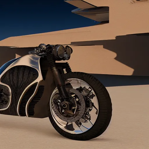 Image similar to arch motorcycle concept by keanu reeves, unreal engine 5, ray tracing, desert background, high detailed