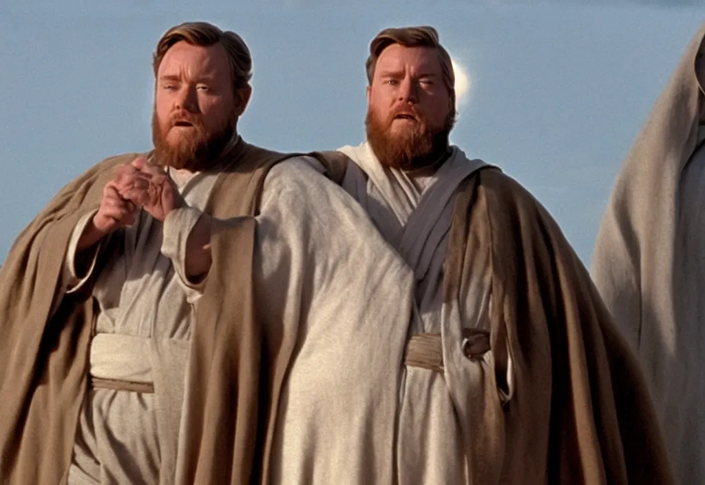 Image similar to obi wan kenobi but obese!! and overweight, photoralistic rendering, movie still, screenshot, hyperdetailed