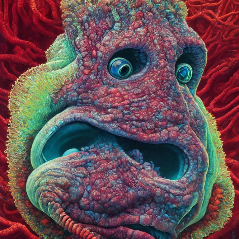 Prompt: Hyperrealistic intensely colored close up studio Photograph portrait of deep sea bioluminescent Senator Mitch McConnell, symmetrical face realistic proportions eye contact tentacles, Smiling in a coral reef underwater, award-winning portrait oil painting by Norman Rockwell and Zdzisław Beksiński vivid colors high contrast hyperrealism 8k