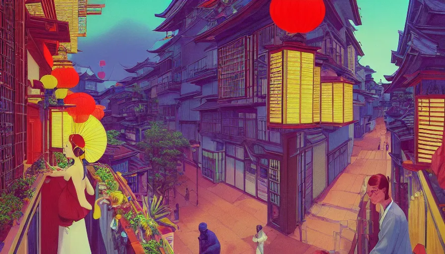 Prompt: a vibrant dream of nostalgic psychedelic hallucination of a girl from behind on a balcony looking over a very beautiful street in kyoto japan, lush plants and lanterns, a beautiful woman wearing a gucci dress, high fashion, by moebius, edward hopper and james gilleard, zdzislaw beksinski, james jean, steven outram hd, 8 k, artstation