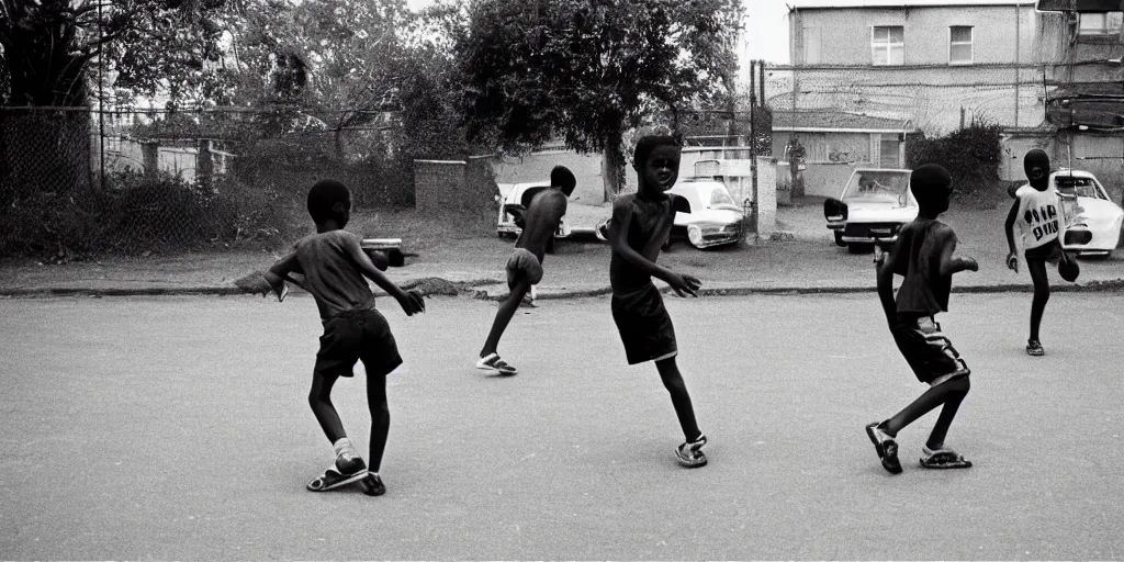 Image similar to street, black kids playing football, 1 9 8 0 s film photography, exposed b & w photography, christopher morris photography, bruce davidson photography, peter marlow photography