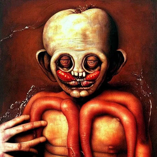 Image similar to a boy like eraserhead and elephant man sitting in a tub full of tomato sauce, looking straight into camera, screaming in desperation, by giuseppe arcimboldo and ambrosius benson, renaissance, fruit, intricate and intense oil paint, a touch of beksinski and hr giger, realistic