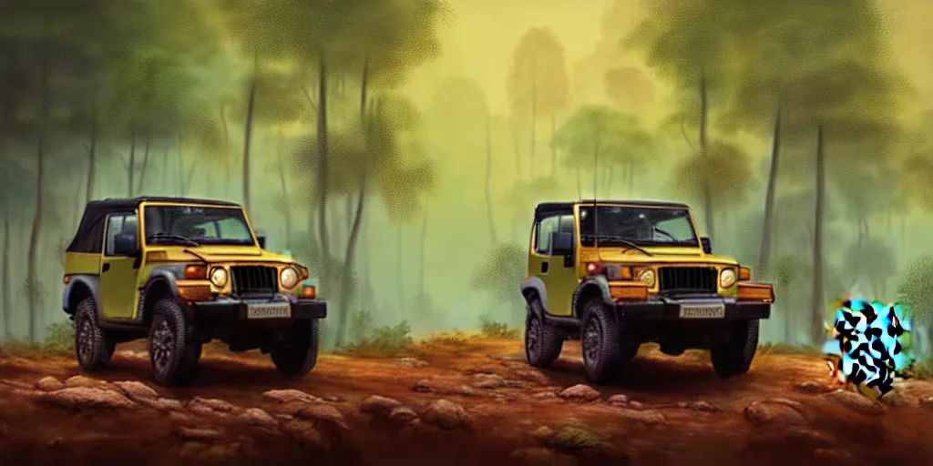 Image similar to Mahindra thar, in kerala forest, tigers and lions chasing, action scene, an epic fantasy, dramatic lighting, cinematic, establishing shot, extremely high detail, photorealistic, cinematic lighting, matte painting, artstation, by simon stalenhag, horizon forbideen west