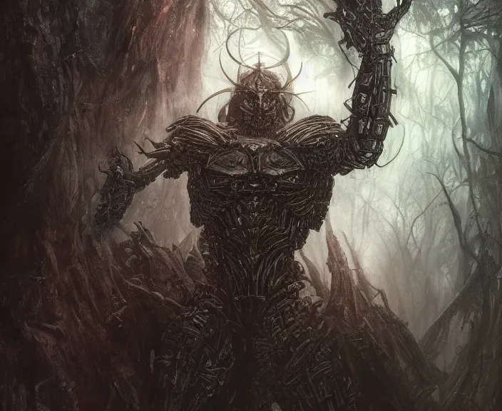 Image similar to 5 5 mm close up portrait photo of an armored biomechanical demonic superman looking at the camera, in a magical forest. dark atmosphere. art by greg rutkowski and luis royo. highly detailed 8 k. intricate. lifelike. soft light. nikon d 8 5 0.