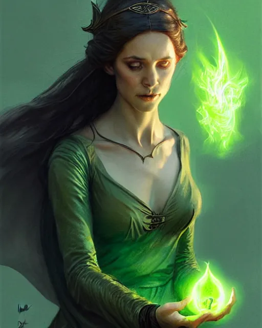 Image similar to a female elvish sorceress casting a green fireball | | pencil sketch, realistic shaded, fine details, realistic shaded lighting poster by greg rutkowski, magali villeneuve, artgerm, jeremy lipkin and michael garmash and rob rey