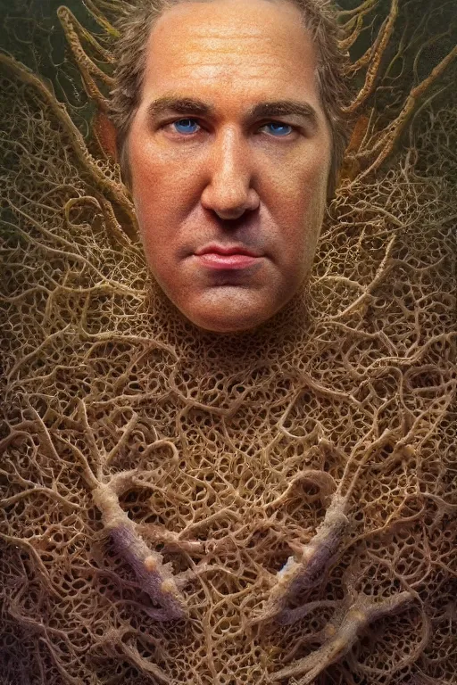 Image similar to photorealistic portrait photograph of stephen hillenburg as a complex sponge structure, upper body, fantasy, handsome, depth of field, soft focus, highly detailed, intricate, realistic, national geographic cover, soft glow, textured, artstation, concept art, sharp focus, illustration, art by artgerm and greg rutkowski and alphonse mucha