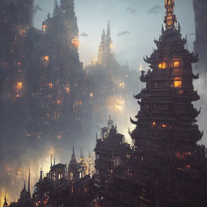 Prompt: noir skyline from steampunk cambodia, south east asian architecture, oriental, unreal engine, detailed, by greg rutkowski, by adolph menzel