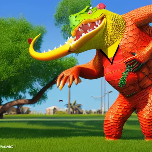 Image similar to 3 d render, anthropomorphic alligator, red scales on his back, yellow scale on his belly and chest, male, waring a hawaiian shirt, in the style of zootopia, hd, 4 k, high definition background