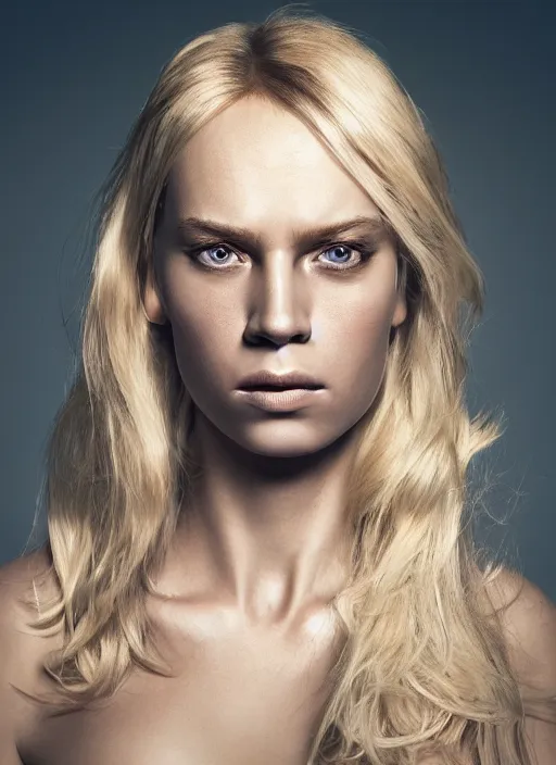 Image similar to FujiGFX 100S, medium format, 8K, highly detailed, photographic extreme close-up face of a beautiful woman with blond hair , Low key lighting, photographed by Erwin Olaf , high quality,high contrast ,complementary colors ,photo-realistic.