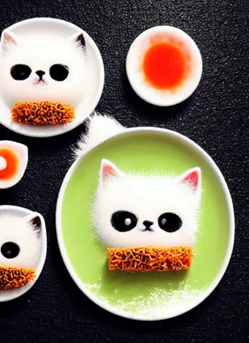 Image similar to clear surrealist painting of tiny adorable cats made from sushi rice, sitting on sushi plates with sushi, garnish, wasabi and soy sauce