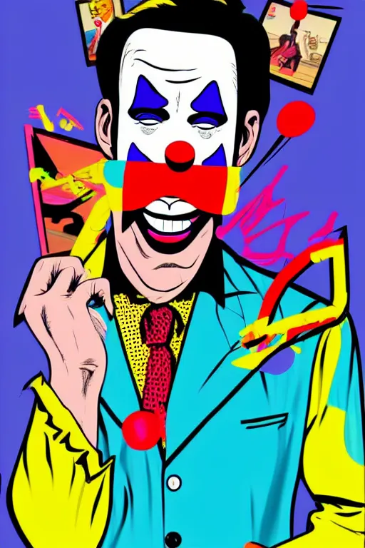 Prompt: display twitter guy wearing an blouses with clown mask. pop art, gta vice city art style, symmetrical, sharp focus, illustration, intecrate details, confident posse, art by mark millar and richard hamilton and mimmo rottela