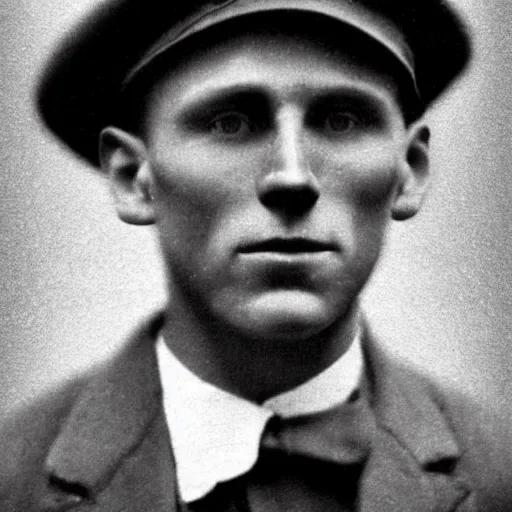 Image similar to A photograph portrait of Jerma985 wearing a newsboy cap in the early 1900s, taken in the early 1900s, grainy, taken on a early 1900s Kodak Camera, realistic, hyperrealistic, very realistic, highly detailed, very detailed, extremely detailed, detailed, digital art, trending on artstation