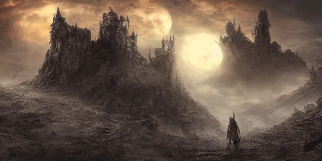 Image similar to old mage falling into a pit of demons, barren landscape, distant castle, dramatic moonlight, apocalyptic fantasy, mmo, digital art, 4 k