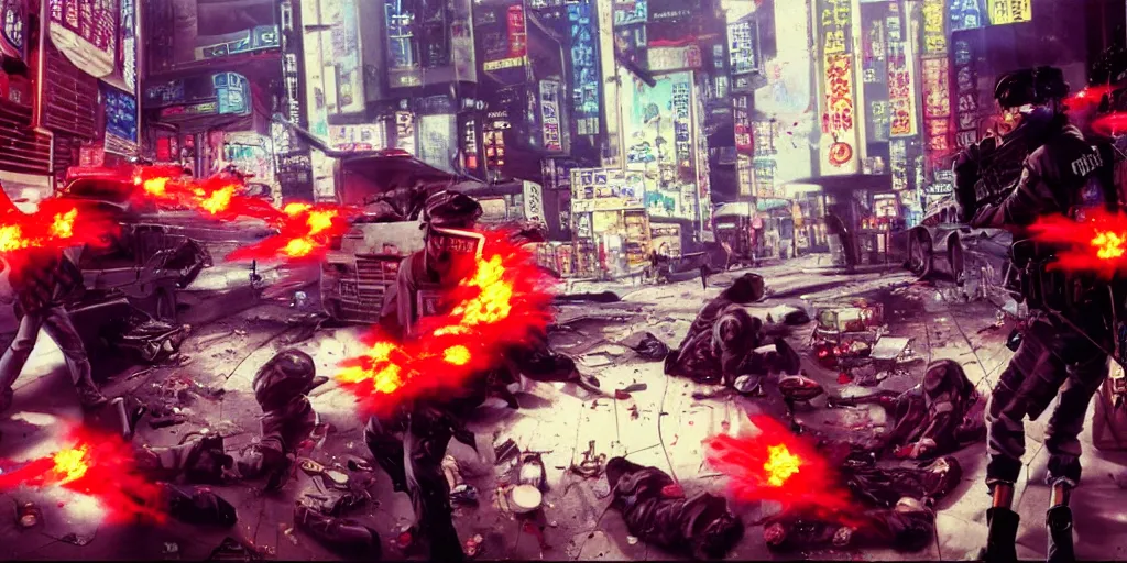 Prompt: 1991 Video Game Screenshot, Anime Neo-tokyo Cyborg bank robbers vs police, bags of money, Police officer hit, Bullet Holes and Blood Splatter, Hostages, Smoke Grenade, Sniper Fire, Chaotic, Cyberpunk, Anime VFX, Machine Gun Fire, Violent, Action, FLCL, Shootout, Highly Detailed, 8k :4 by Katsuhiro Otomo + Studio Gainax + Arc System Works : 8