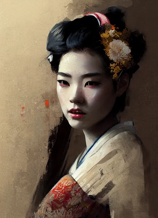 Image similar to female geisha girl, beautiful face, rule of thirds, intricate outfit, spotlight, by greg rutkowski, by jeremy mann, digital painting