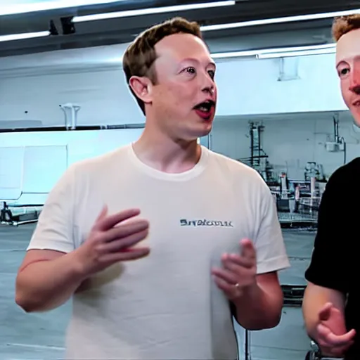 Image similar to elon musk showing mark zuckerberg mark's long last eyebrows. cinematic 8 k, depth of field