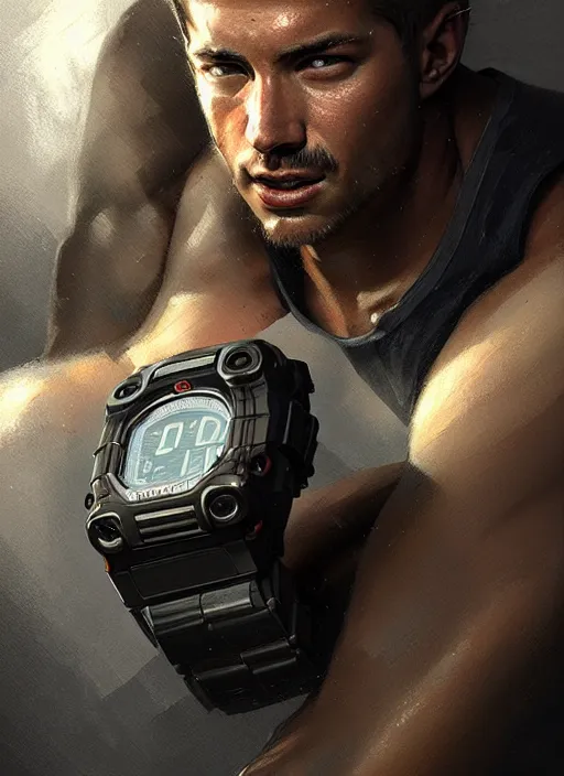 Prompt: portrait a gshock muscular watch highly detailed, digital painting, concept art, smooth, sharp focus, illustration, art by greg rutkowski