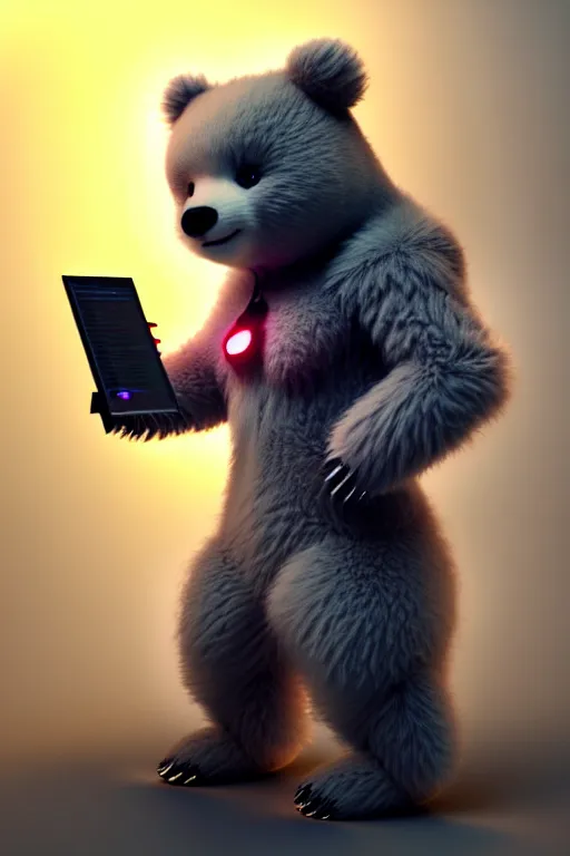 Image similar to high quality 3 d render very cute fluffy cyborg!! bear! plays electric viola, cyberpunk highly detailed, unreal engine cinematic smooth, in the style of blade runner & detective pikachu, hannah yata charlie immer, moody light, low angle, uhd 8 k, sharp focus