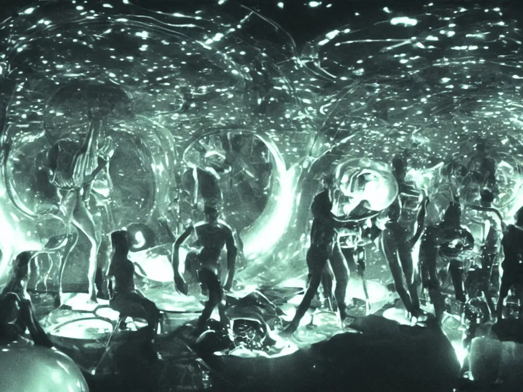 Image similar to a hidden camera shot of aliens having a party inside an ufo, cinematic masterpiece, beautiful lighting