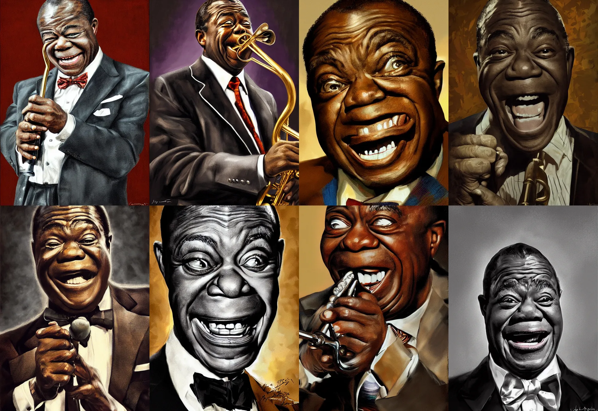 Prompt: a portrait of louis armstrong telling a joke, by jonathan yeo, dramatic lighting, highly detailed digital painting