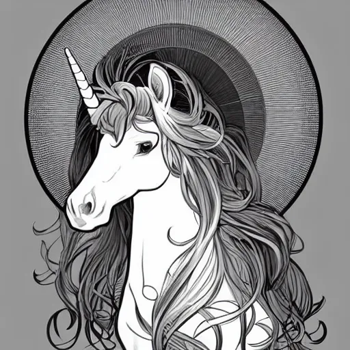 Image similar to clean simple line art of a cute beautiful unicorn. no background. well composed, clean coloring book page. coloring book line art by artgerm and greg rutkowski and alphonse mucha