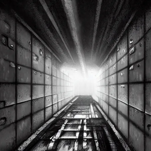 Image similar to inside an narrow corridor of an abandonned ussr uboat, very dark lighting with very small light beams, comming, concept art, 4 k, hd, art station trending, sergii ivanchenko, sharp and highly detailed