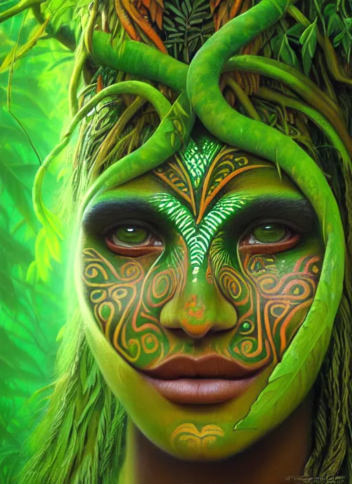 Image similar to the ayahuasca vine plant spirit mixed with the face of a beautiful indigenous woman with a third eye in the jungle, face painted in green, fractals, beautiful colors, matte painting, by christophe vacher