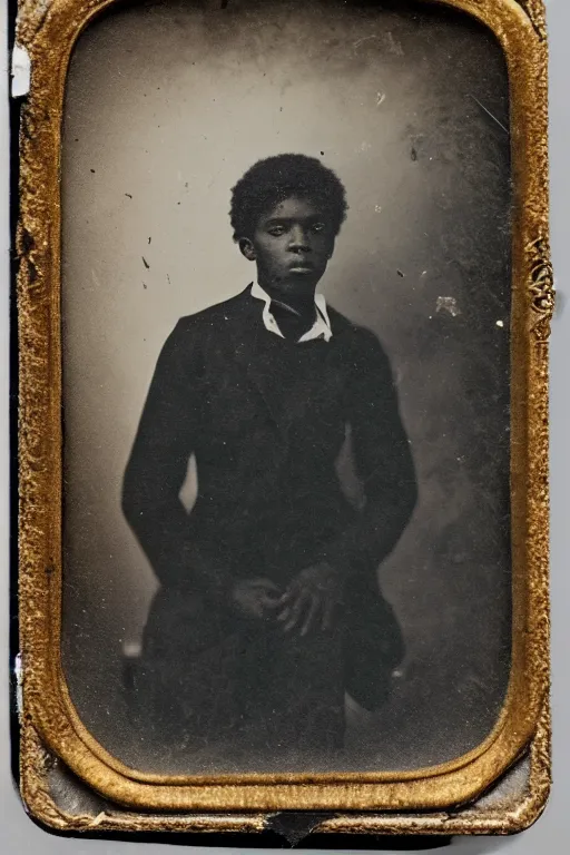 Prompt: young black guy beautiful, old vintage photography, damaged photo, daguerreotype, ambrotype, black and white, archive, film artifacts, scratches, tears, hyperrealistic, ultra detailed