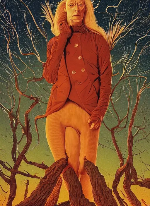 Prompt: poster artwork by Michael Whelan and Tomer Hanuka, Karol Bak of Tilda Swinton as the log lady, from scene from Twin Peaks, clean