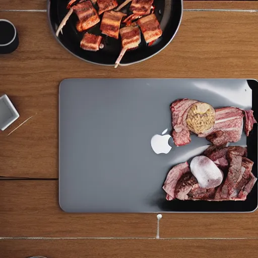 Prompt: friends have bbq eating Macbook Pros and iPad, photorealistic, 3d, Octane Render, Cinematica, perfect lightning