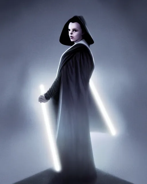 Image similar to half body shot, 1 8 years old dark lord of the sith judy garland wearing a hooded jedi cloak, with long black hair standing in deathstar hallway, rim light, volumetric lighting, digital painting, artstation, concept art, smooth, sharp focus, illustration, art by arney freytag, glamour pose, greg rutkowski, soft ambient lighting, particle effects
