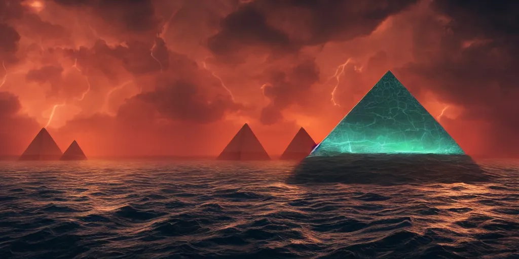 Prompt: ominous glowing pyramid with spikes in the middle of a stormy ocean, sleek white glossy aircrafts hovering around, art direction by beeple, enigmatic scene, rembrandt lighting, unreal engine, ray - tracing, 4 k, high detail