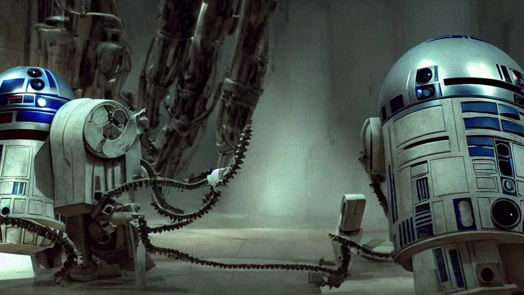 Image similar to r 2 d 2, mixed with an eldritch horror monster, with mechanical tentacles, film still from the movie directed by denis villeneuve with art direction by salvador dali