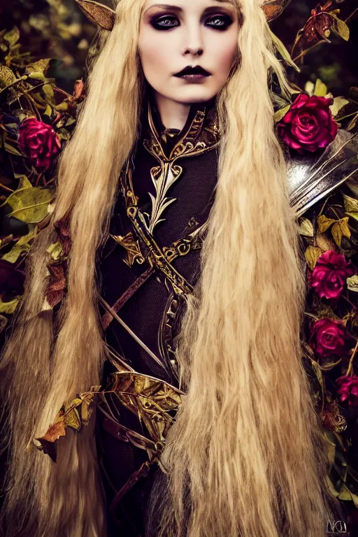 Image similar to very beautiful elven top model, golden hair, wearing dolce & gabbana gothic victorian armor with leaves and flowers, luxury materials, symmetrical, cinematic, elegant, professional studio light, real dlsr photography, sharp focus, 4 k, ultra hd, sense of awe, high fashion