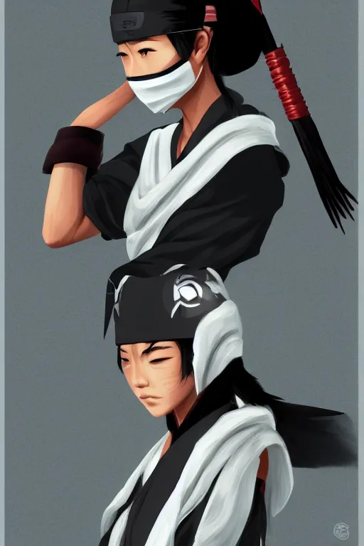 Image similar to native japanese young woman dressed like shinobi ninja, focused stare, partially masked, digital painting, trending on artstation, character design, overcast weather