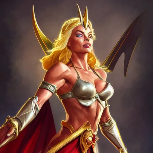 Image similar to Jaime Pressly as She-Ra, western, D&D, fantasy, intricate, elegant, highly detailed, digital painting, artstation, concept art, matte, sharp focus, illustration, art by Artgerm and Greg Rutkowski and Alphonse Mucha