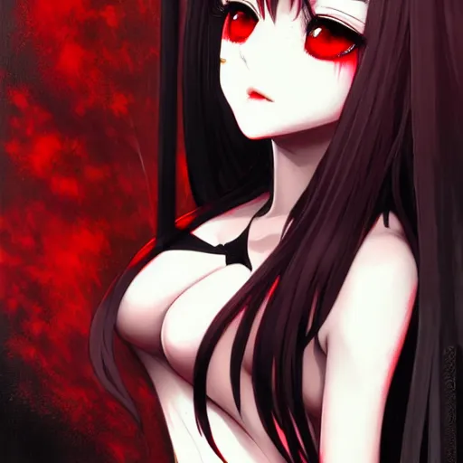 Image similar to beautiful seductive female vampire, in the rain, highly detailed, painting, dark red and black color palette, intricate, high quality anime artstyle, in the style of sana takeda