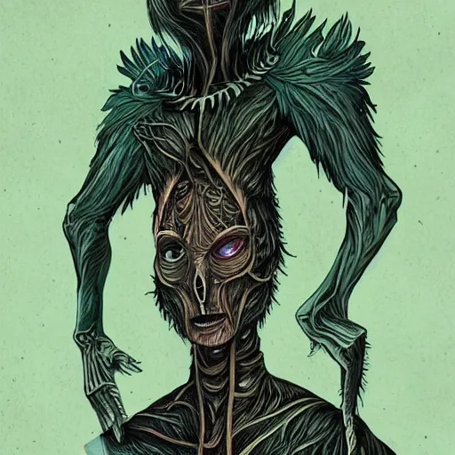 Image similar to detailed illustration of attractive humanoid alien species with beautiful human face, human torso, dark fae, black feathers instead of hair, feathers growing out of skin, wings growing out of arms, transformation, tim burton, guillermo del toro