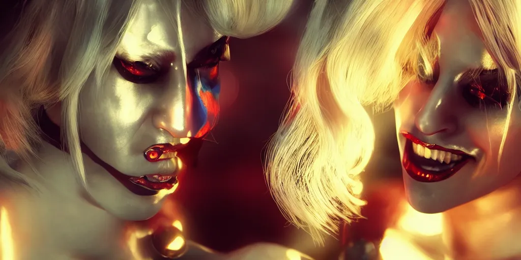 Prompt: lady gaga play harley quinn, volumetric lighting, beautiful, golden hour, sharp focus, ultra detailed, cgsociety