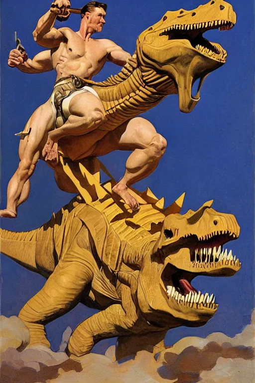 Image similar to strong man riding a dinosaur, by j. c. leyendecker, james gurney