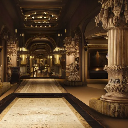 Image similar to upscale mysterious private auction, unnameable relics on display, moody lighting, extravagant details, lobby in the distance, elite