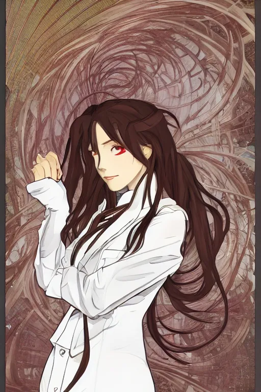 Image similar to Kurisu Makise in flowing lab coat tonemapped in the style of Ayami Kojima and Alphonse Mucha